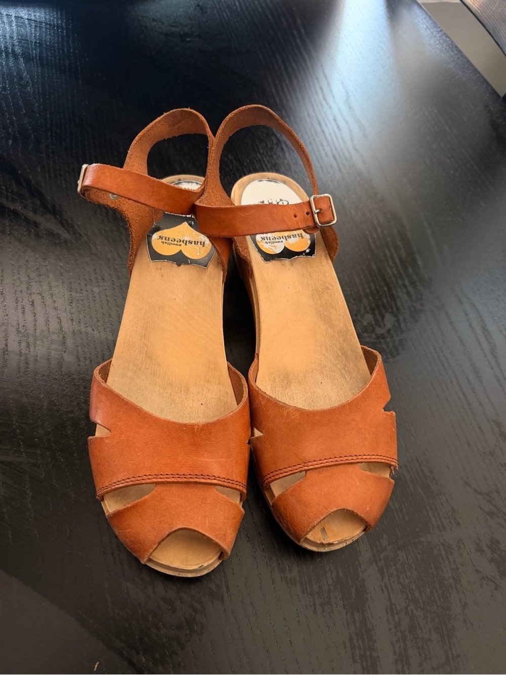 Swedish Hasbeens Debutant Cognac Leather Slingback Platform Clog Sandals size 39 - Picture 2 of 13